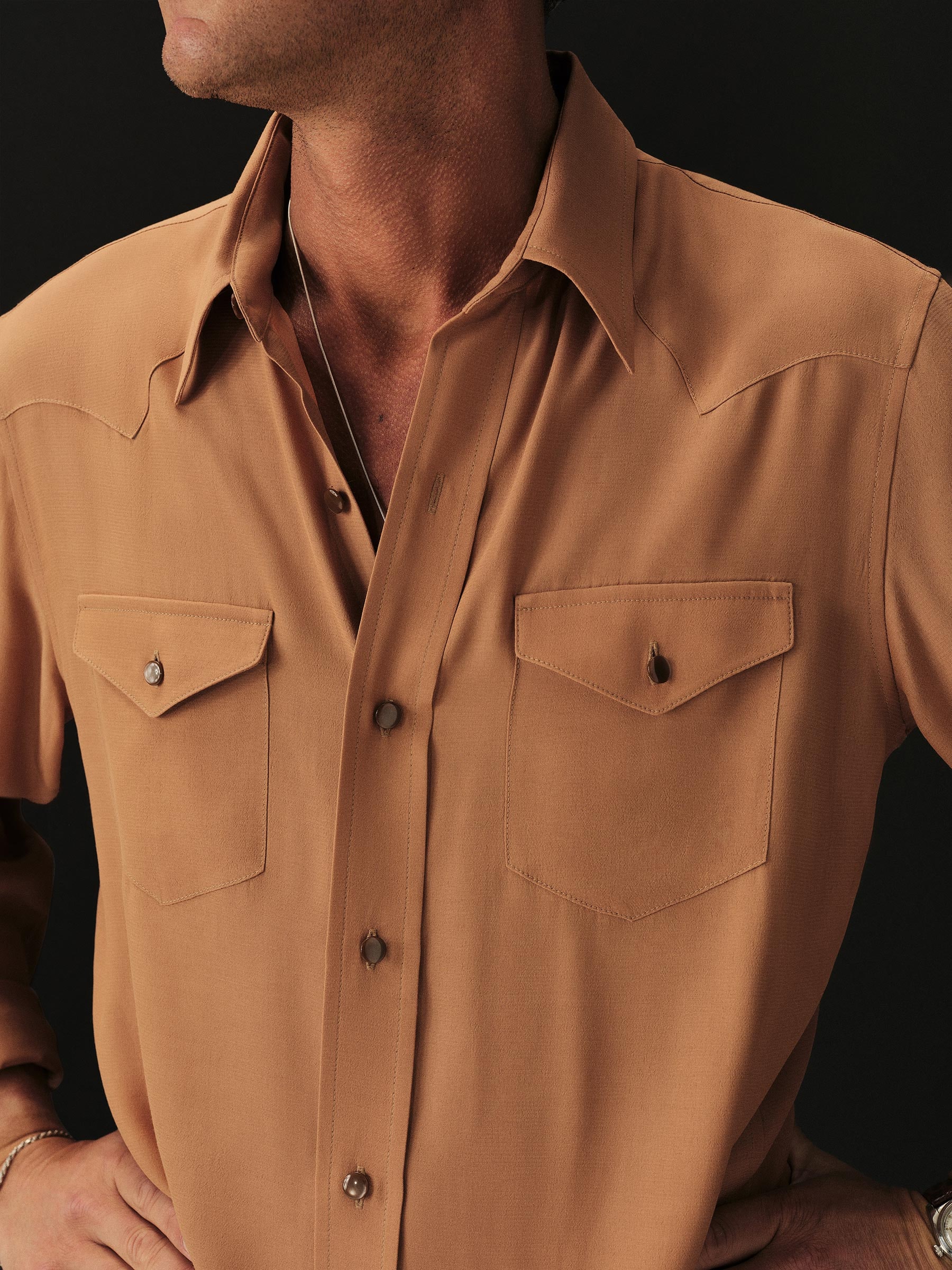 Buck Mason — Burnt Orange Sunset Rayon Western Shirt — view 4